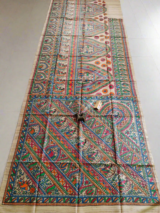 Saheli Madhubani Hand Painted Tussar Ghicha Silk Saree| Peepal Clothing