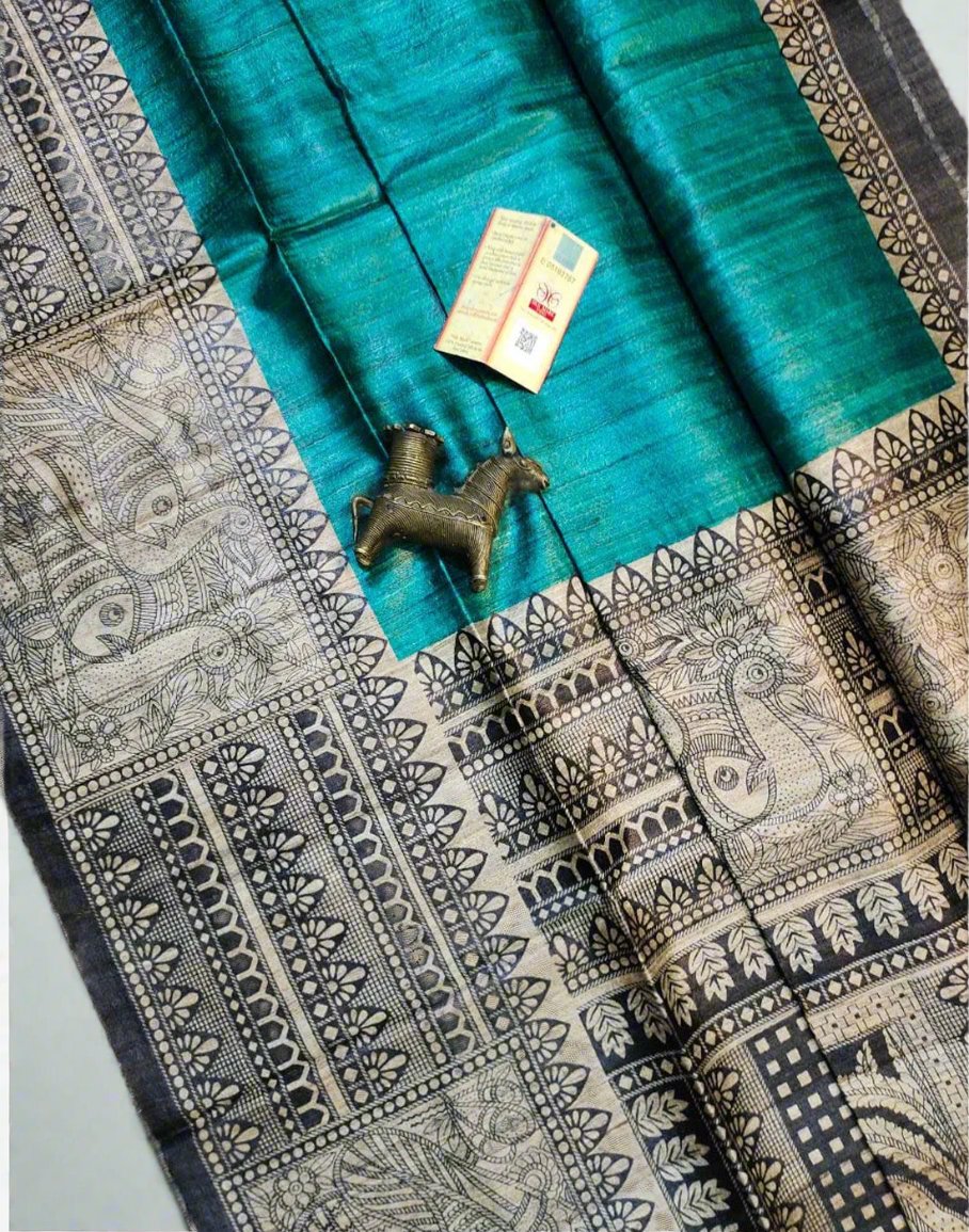 Sea Green Madhubani Printsed Silk Saree| Peepal Clothing