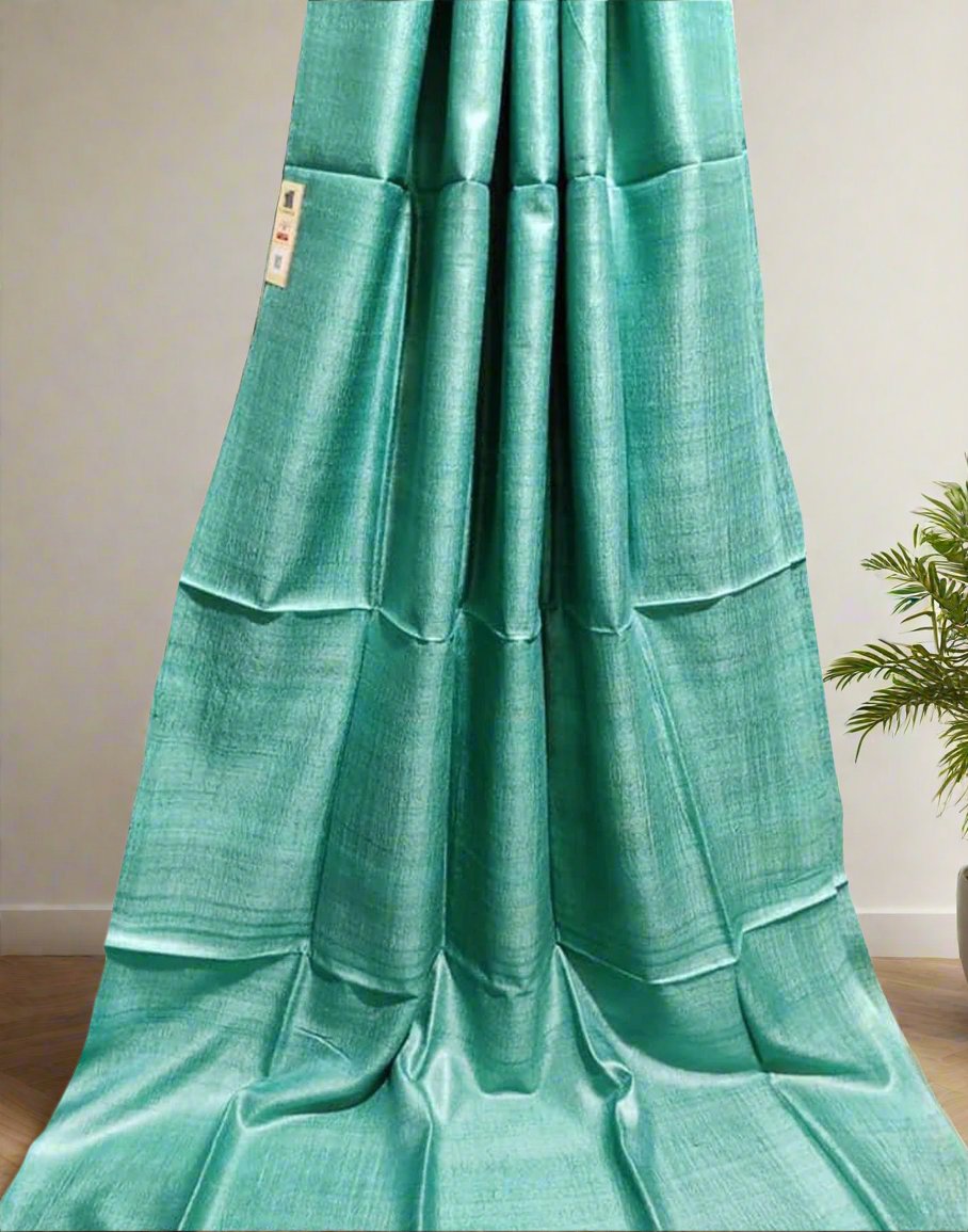 Sea Green Pure Desi Tussar Plain Silk Saree| Peepal Clothing