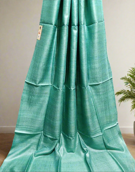 Sea Green Pure Desi Tussar Plain Silk Saree| Peepal Clothing