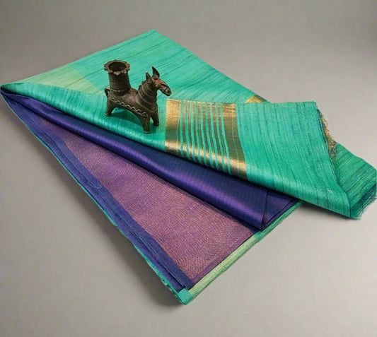 Sky Blue Korean tussar ghicha pallu saree with staple body and Zari border| Peepal Clothing
