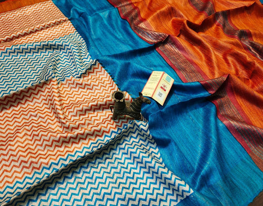 Striped Printed Tussar Ghicha Silk Saree with Zari Border| Peepal Clothing