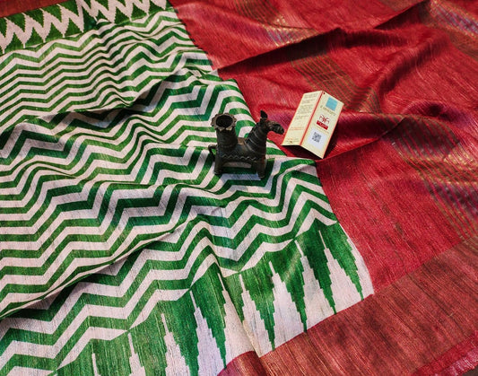 Striped Tussar Ghicha Printed Silk Saree with Zari Border| Peepal Clothing