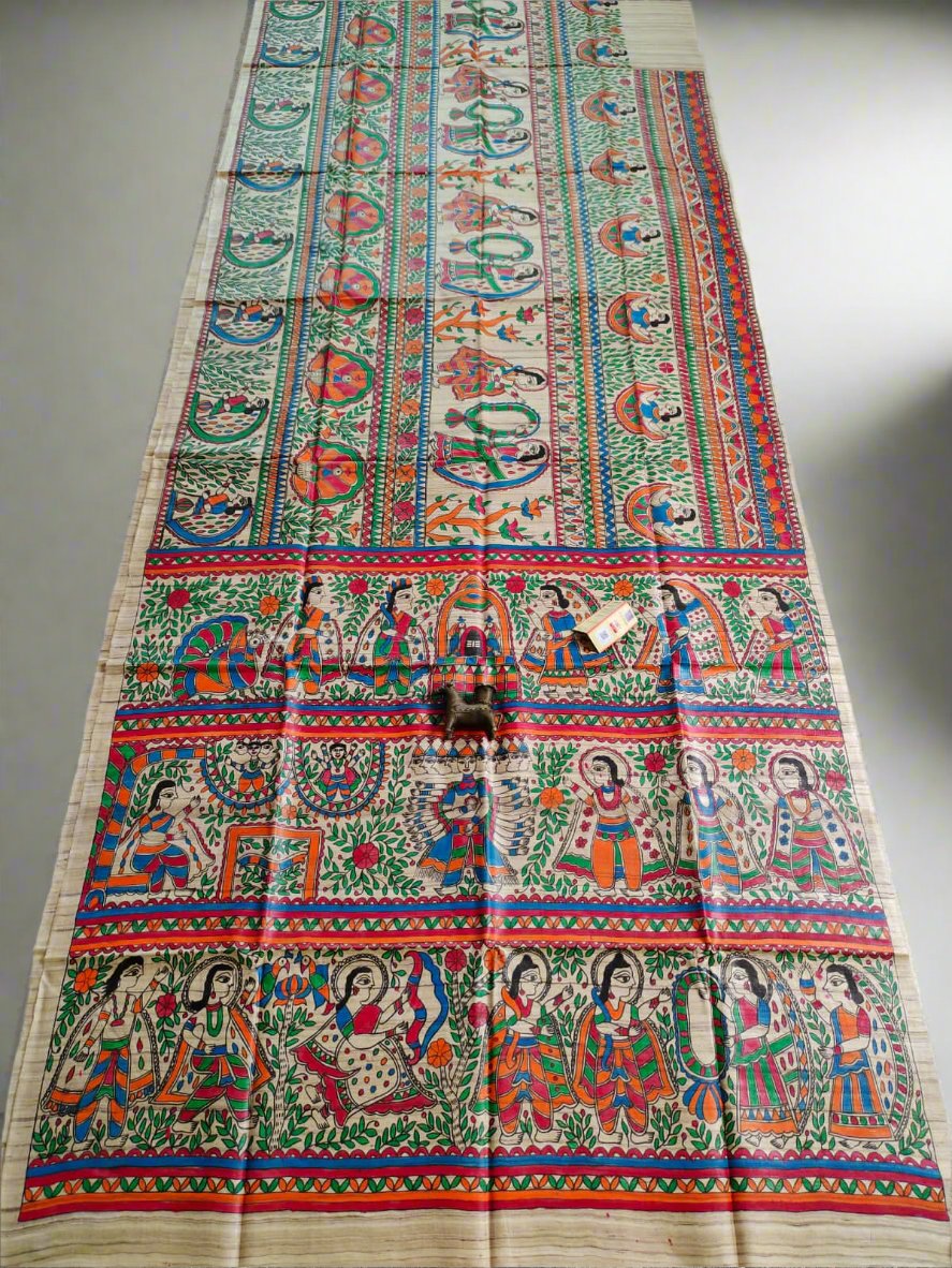 Svayamvara Madhubani Hand Painted Tussar Ghicha Silk Saree