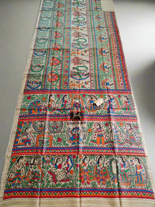 Svayamvara Madhubani Hand Painted Tussar Ghicha Silk Saree