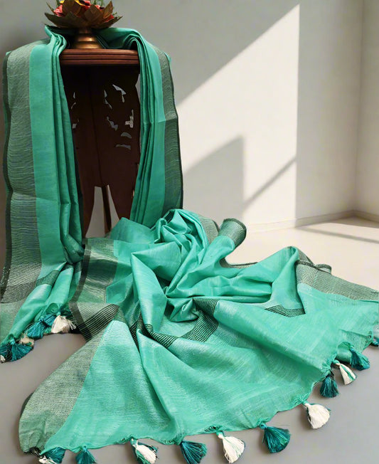 Teal Cotton Slub Dupatta with Contrast Border | Peepal Clothing