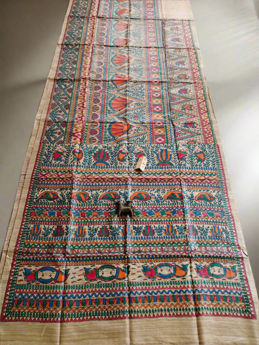 Triangular Frame Madhubani Hand Painted Tussar Ghicha Silk Saree