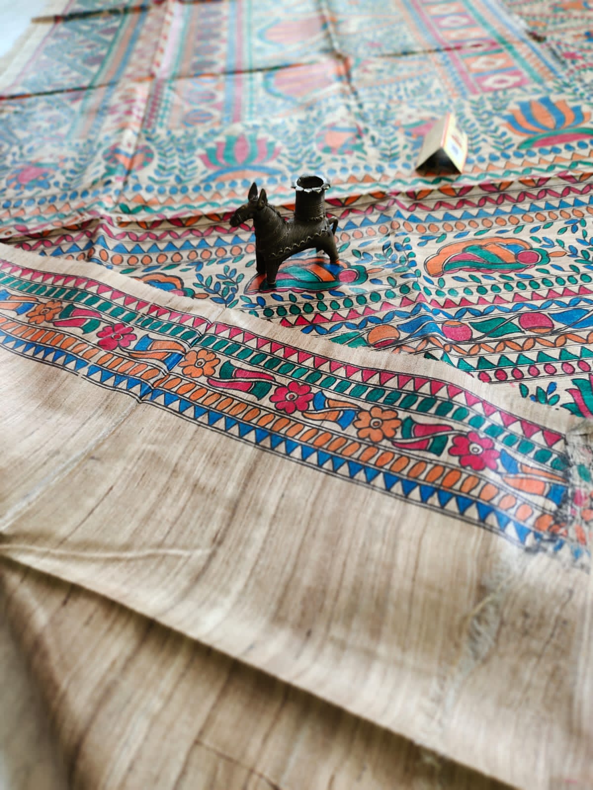 Triangular Frame Madhubani Hand Painted Desi Tussar Silk Saree