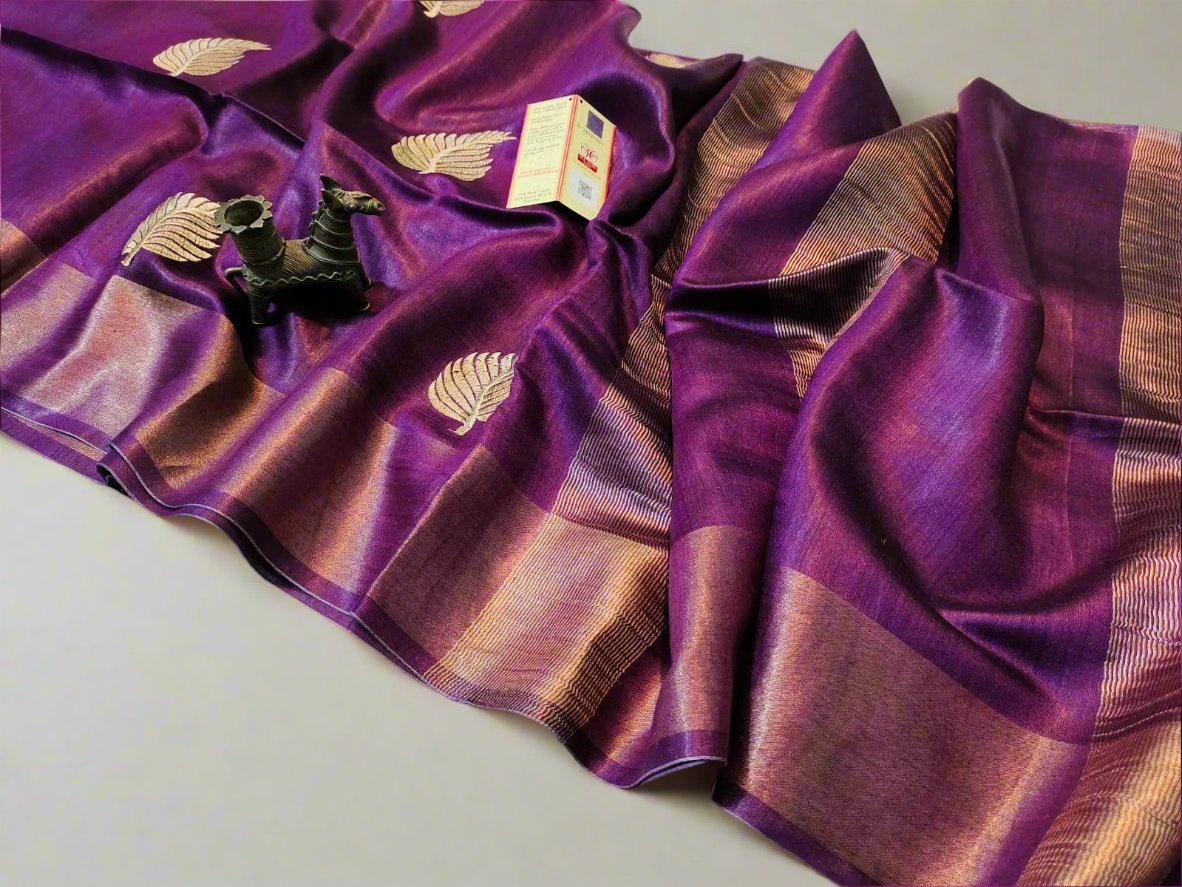 Buy Violet Tussar Munga Embroidered Silk Saree | Peepal Clothing
