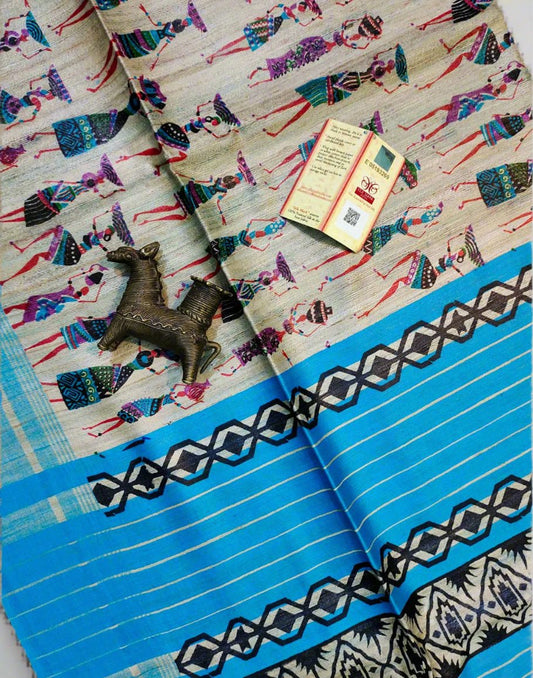 Warli Printed Tussar Ghicha Silk Saree| Peepal Clothing