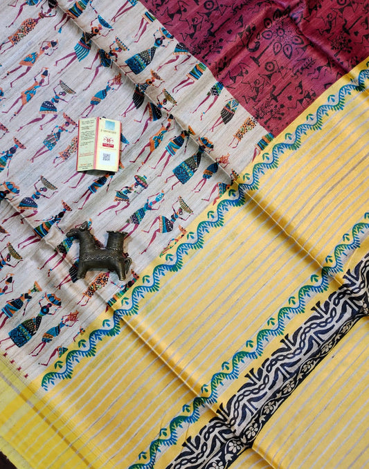 Warli Printed Tussar Ghicha Silk in Red| Peepal Clothing