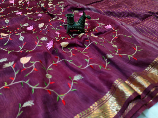 Buy Embroidered Pure Silk Linen Saree at www.peepalclothing.com