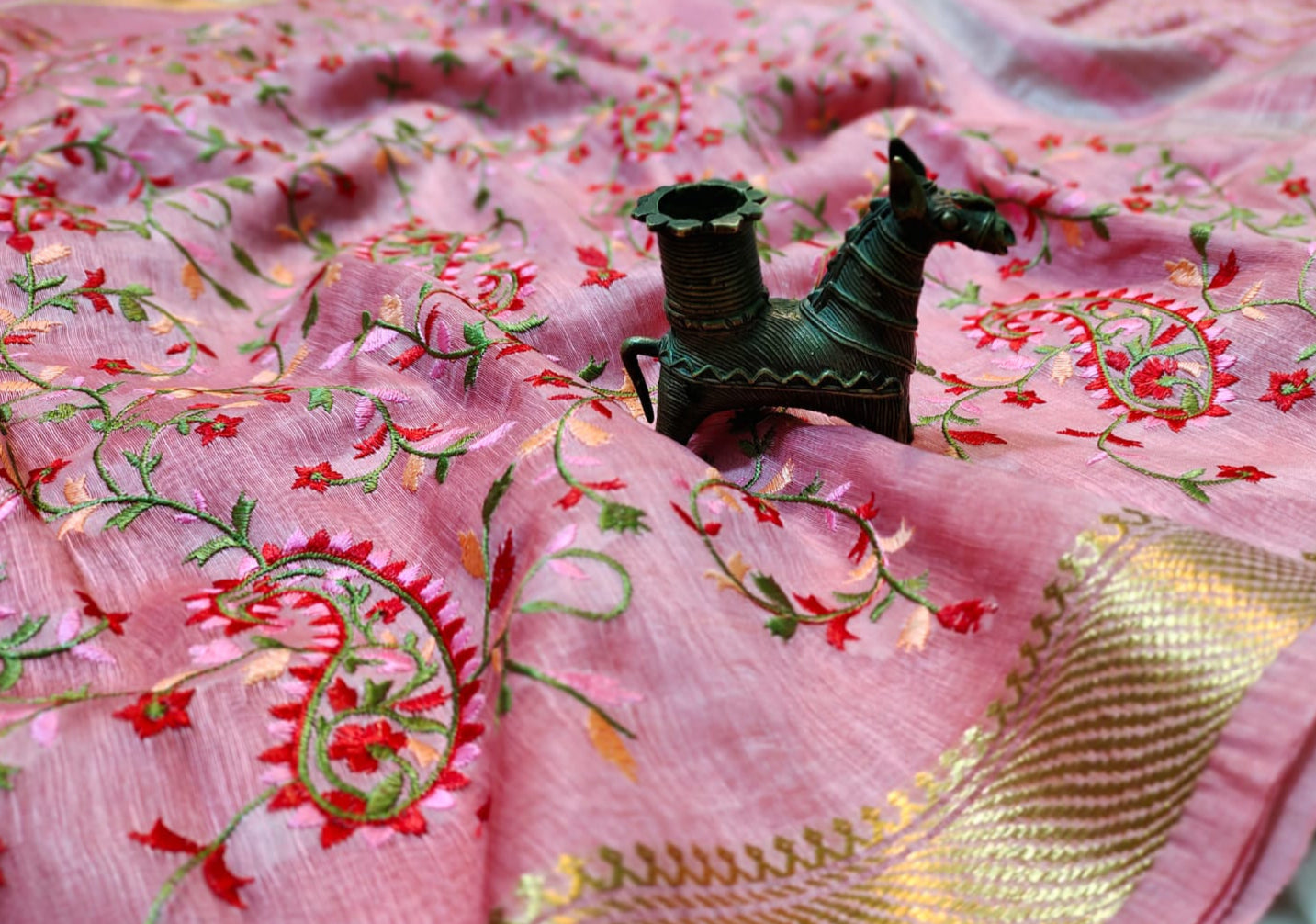 Buy Embroidered Pure Silk Linen Saree at www.peepalclothing.com