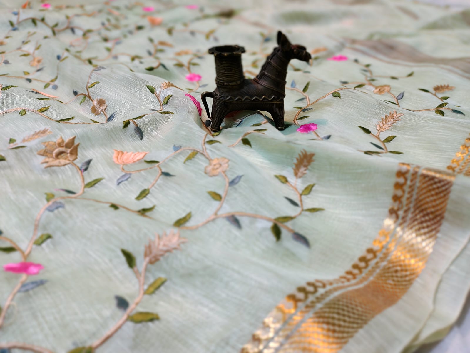 Buy Embroidered Pure Silk Linen Saree at www.peepalclothing.com