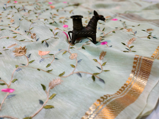 Buy Embroidered Pure Silk Linen Saree at www.peepalclothing.com