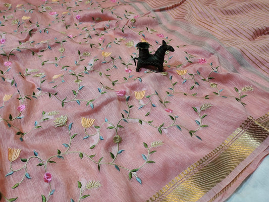 Buy Embroidered Pure Silk Linen Saree at www.peepalclothing.com