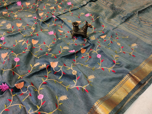 Buy Embroidered Pure Silk Linen Saree at www.peepalclothing.com