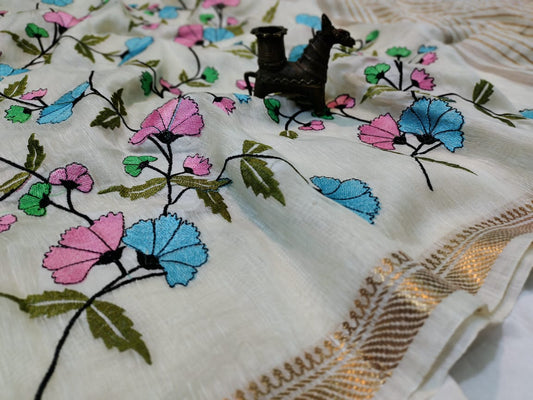 Buy Embroidered Pure Silk Linen Saree at www.peepalclothing.com