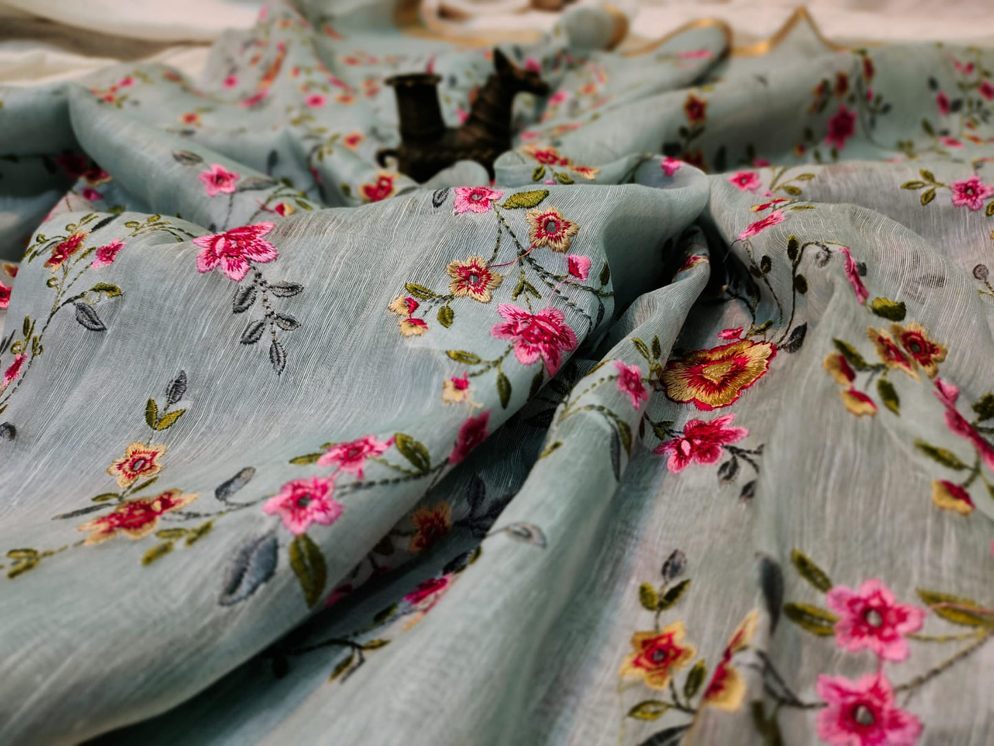 Buy Embroidered Pure Silk Linen Saree at www.peepalclothing.com