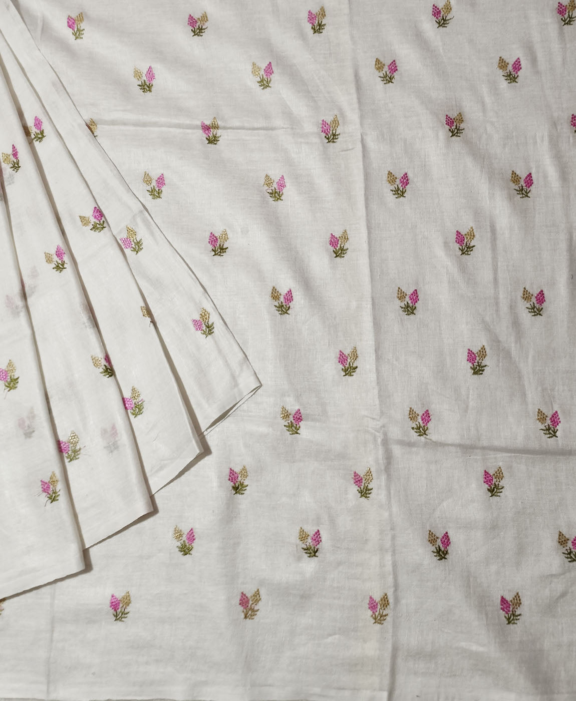 White Embroidered Pure Linen Saree | Peepal Clothing