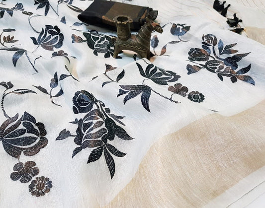 White Embroidered Silk Linen Saree|Peepal Clothing