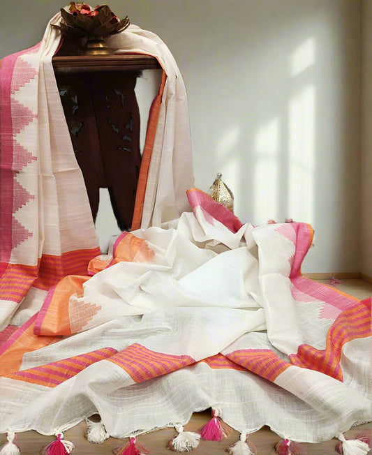 White Temple Border Cotton Slub Dupatta | Peepal Clothing