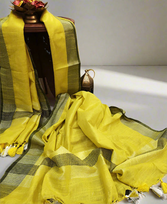Yellow Cotton Slub Dupatta with Contrast Border | Peepal Clothing