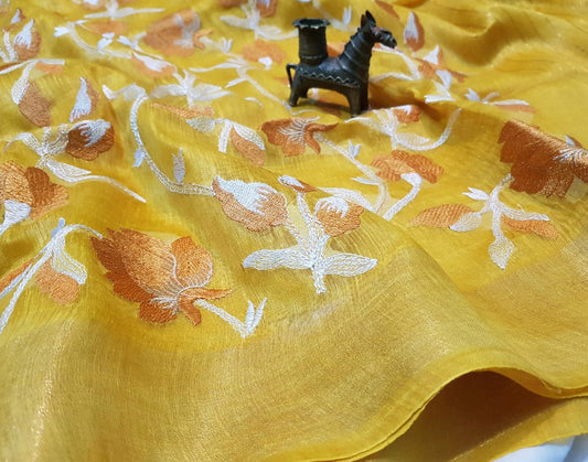 Yellow Embroidered Silk Linen Saree|Peepal Clothing