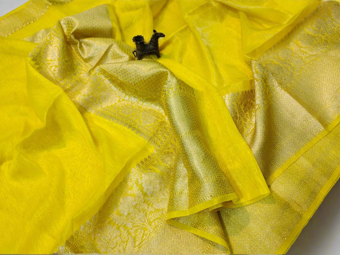 Yellow Pure Silk Linen Banarasi Saree - Pipal Clothing