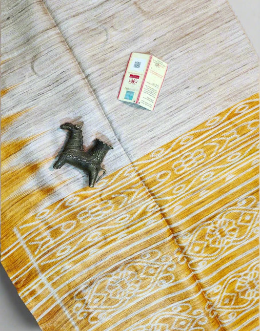 Yellow Tussar Ghicha Ikkat Printed Silk Saree| Peepal Clothing