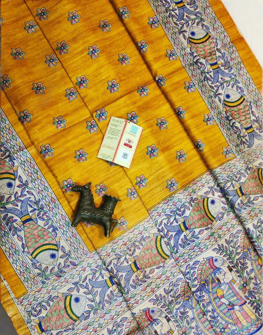 Yellow Tussar Ghicha Madhubani Buta Printed Silk Saree| Peepal Clothing