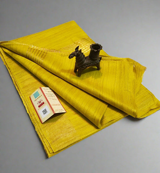 Yellow Zari Border Handloon Tussar Ghicha Silk Saree | Peepal Clothing