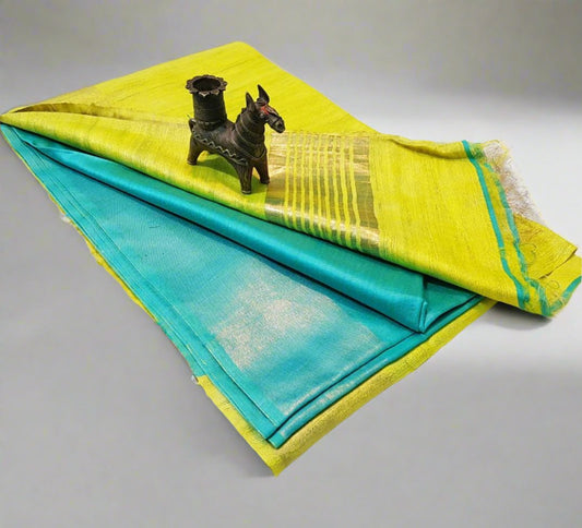 Yellow and Blue Korean tussar ghicha pallu saree with staple body and Zari border| Peepal Clothing