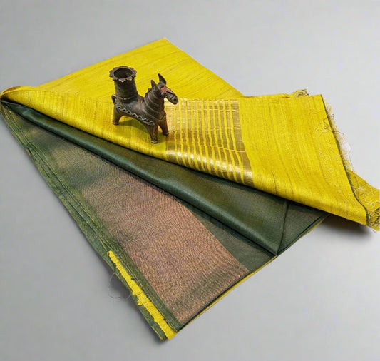Yellow and Grey Korean tussar ghicha pallu saree with staple body and Zari border| Peepal Clothing