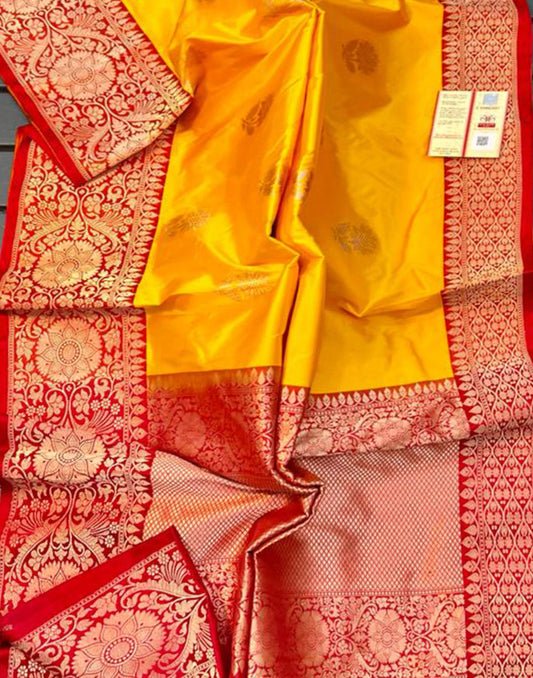 Yellow and Red Pure Katan Silk Saree Featuring Weaved Buta | Peepal Clothing