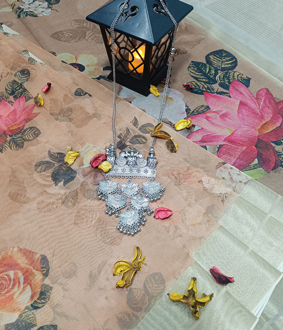 Zari Border Floral Printed Organza Saree | Peepal Clothing