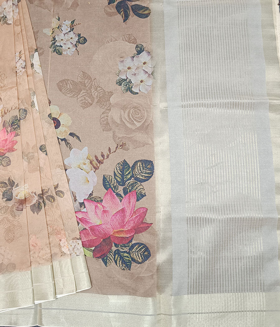 Zari Border Floral Printed Organza Saree | Peepal Clothing
