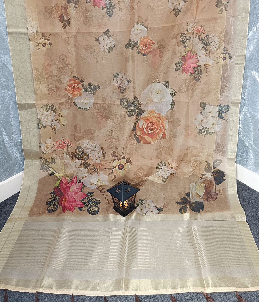 Zari Border Floral Printed Organza Saree | Peepal Clothing