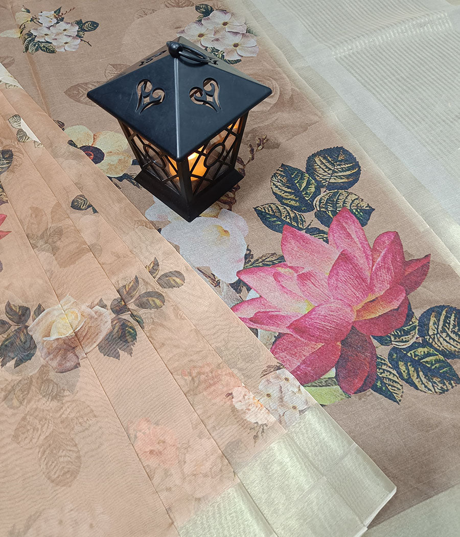 Zari Border Floral Printed Organza Saree | Peepal Clothing