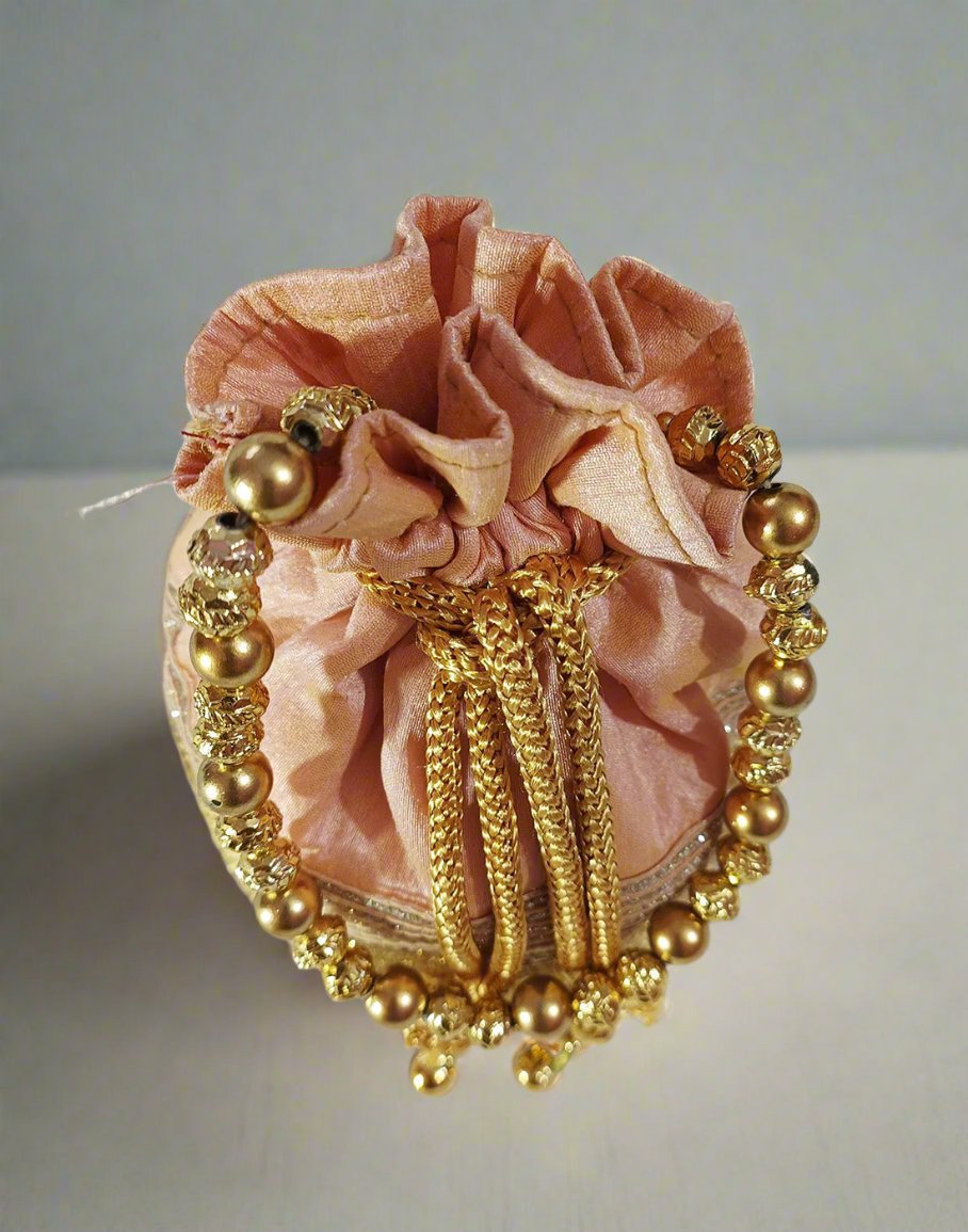 Zari Lace Embellished Peach Potli | Peepal Clothing