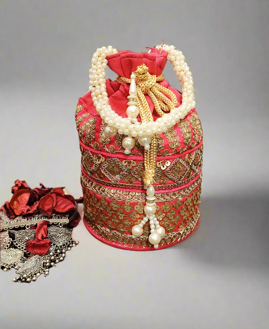 Zari and Sequin Embellished Coral Potli | Peepal Clothing