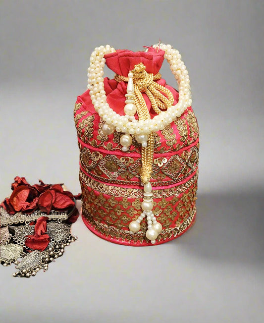 Zari and Sequin Embellished Coral Potli | Peepal Clothing