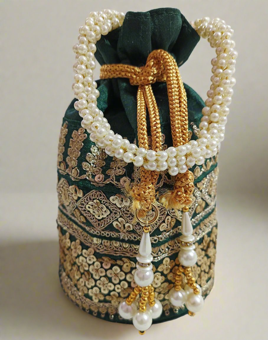 Zari & Sequin Embellished Green Potli | Peepal Clothing