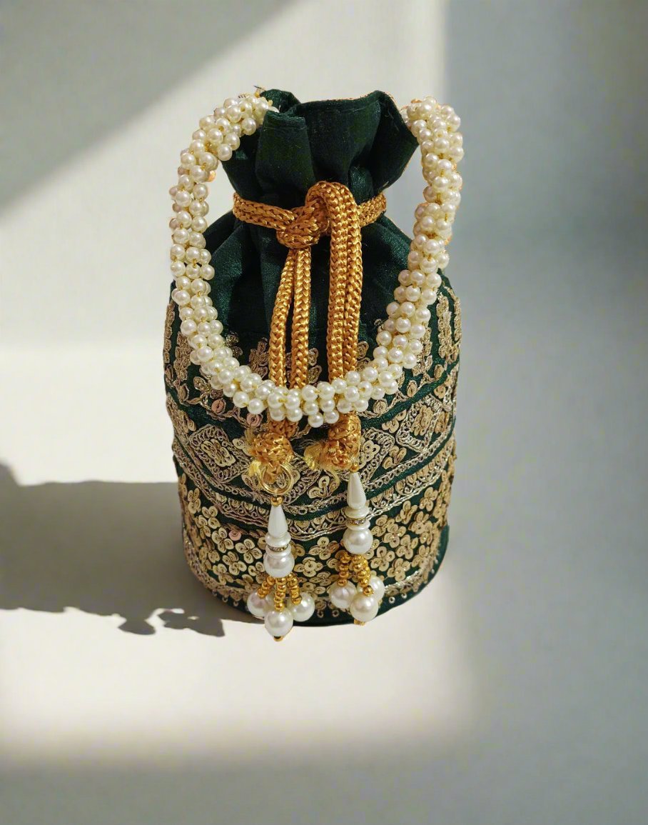 Zari & Sequin Embellished Green Potli | Peepal Clothing