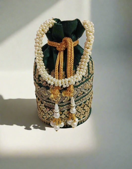 Zari & Sequin Embellished Green Potli | Peepal Clothing
