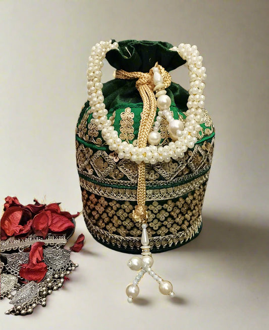 Zari and Sequin Embellished Green Potli | Peepal Clothing