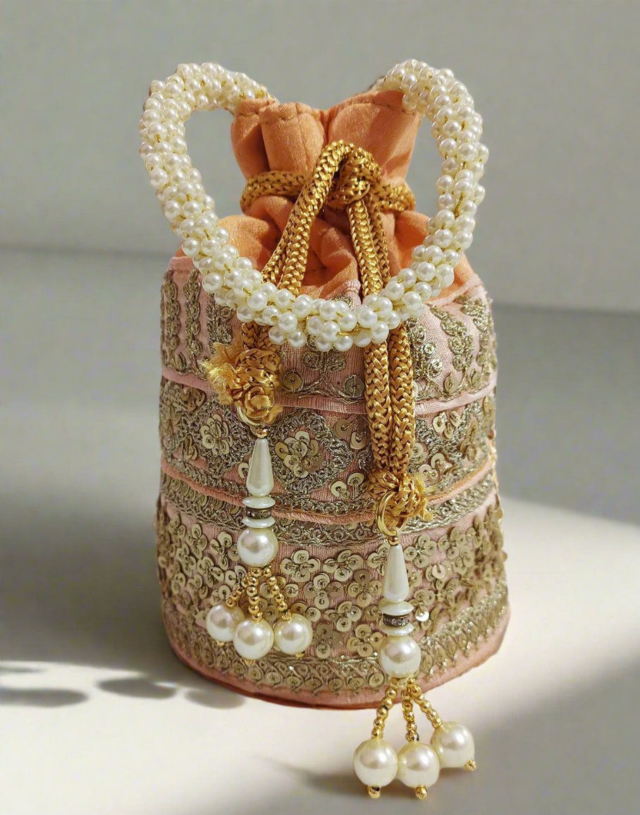 Zari & Sequin Embellished Peach Potli | Peepal Clothing