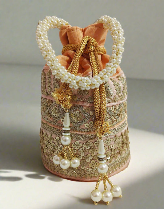 Zari & Sequin Embellished Peach Potli | Peepal Clothing