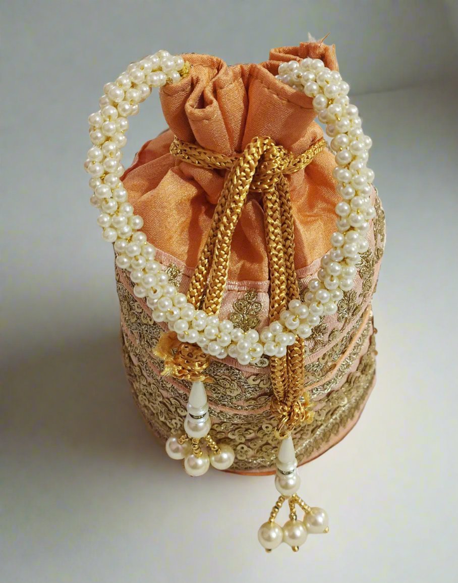 Zari & Sequin Embellished Peach Potli | Peepal Clothing