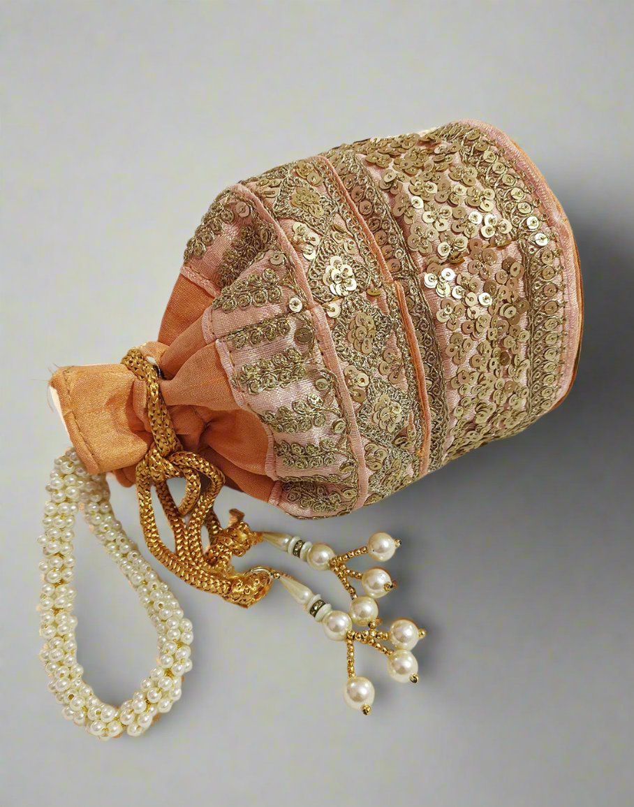Zari & Sequin Embellished Peach Potli | Peepal Clothing